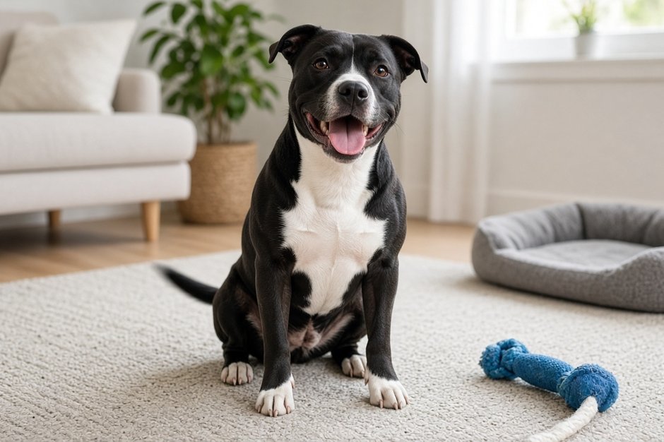 Black-and-white bully-breed dog relaxing in a foster home
