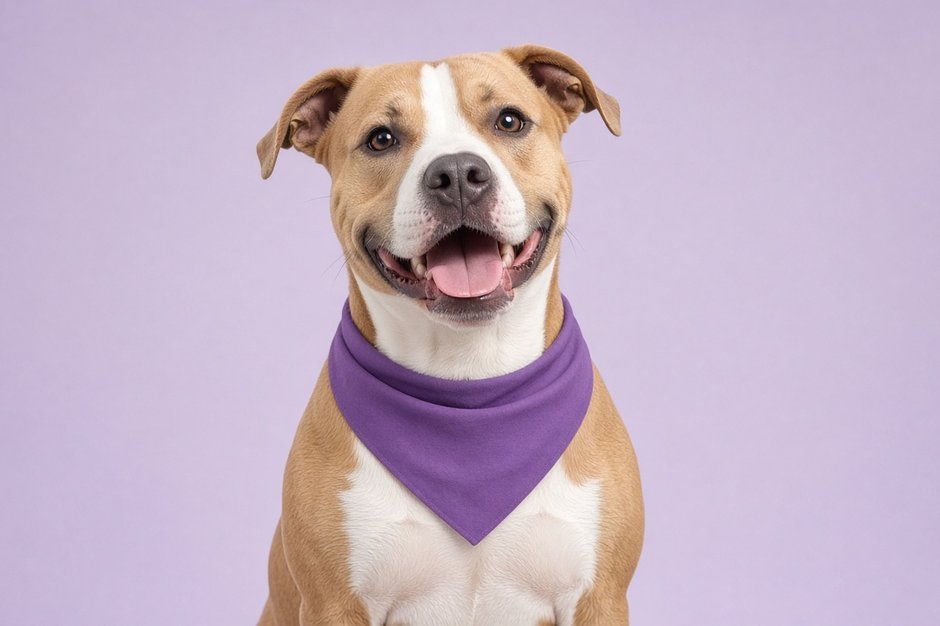 Healthy pitbull mix wearing a pink bandana outdoors